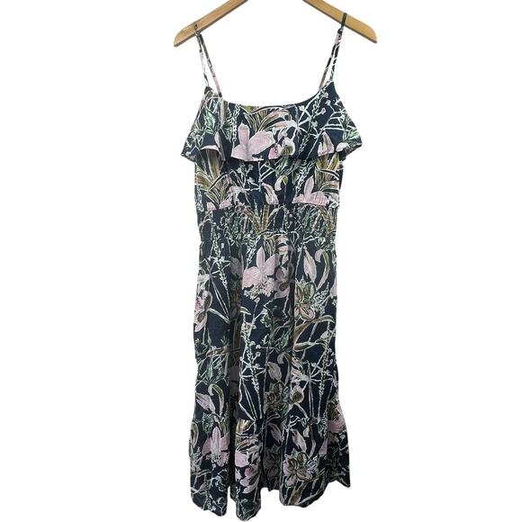 Vineyard Vines Navy Blue Floral Ruffle Midi Tank Dress Size L Smocked - Picture 1 of 12
